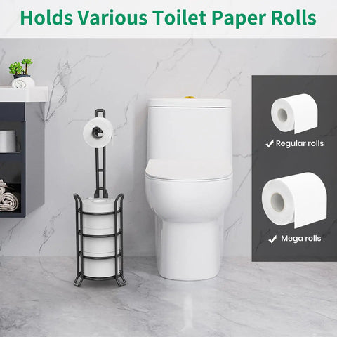 Sturdy Free Standing Toilet Paper Holder Dispenser With 3 Roll Storage Tower Metal Wire Black Finish Bathroom Organizer Stand shown in bathroom