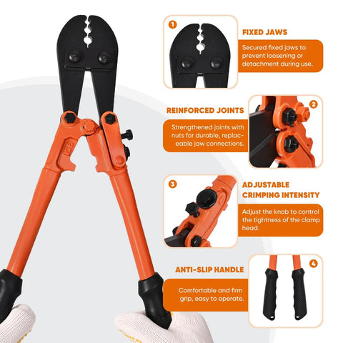 Close-up of crimping tool and cable cutter features in 164 Foot 1/8 Inch Stainless Steel Cable Kit for DIY projects.