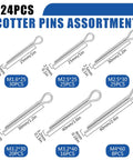 124 piece cotter pin assortment with various sizes, ranging from 25mm to 60mm, including specifications for each type displayed.