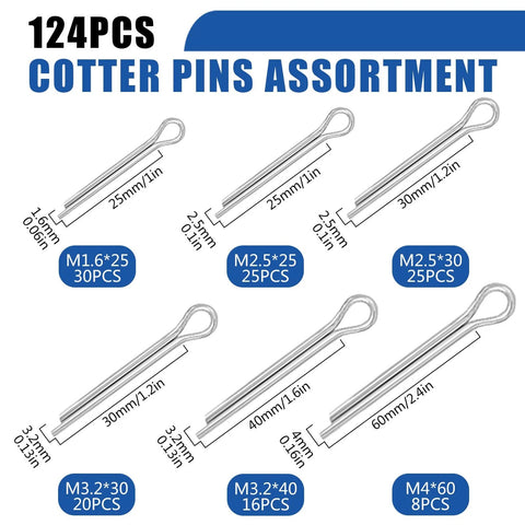 124 piece cotter pin assortment with various sizes, ranging from 25mm to 60mm, including specifications for each type displayed.