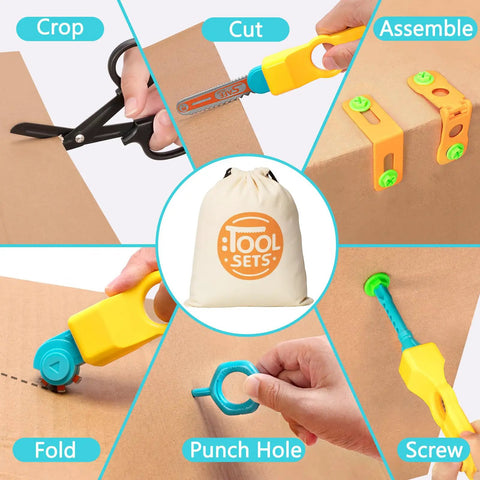 129 Piece Cardboard Construction Kit For Kids With Safe Serrated Cutter Crease Roller Screws And Nuts STEM Educational Building Toys Gift For Boys And Girls Age 5 And Up Totally Hands On Fun, tools bag