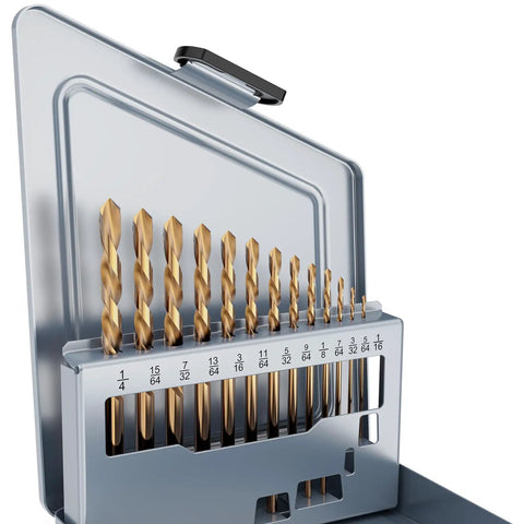 Left Hand Cobalt Drill Bit Set 13 Pc M35 High Speed Steel Jobber Length For Hardened Metal, Stainless Steel, Cast Iron, Wood And Plastic With Handy Index Storage Case 1/16 To 1/4 Inch