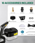 Primiorix 2500W Steam Cleaner Handheld High Temp Steamer With 15S Fast Heat Up accessories including nozzles, brushes, power cord, and funnel.