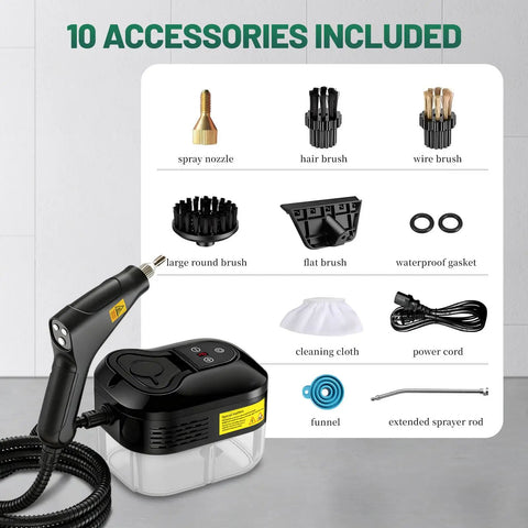 Primiorix 2500W Steam Cleaner Handheld High Temp Steamer With 15S Fast Heat Up accessories including nozzles, brushes, power cord, and funnel.