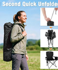 Woman carrying Two Pack Lightweight Folding Camping Chairs For Adults with 4 Can Cooler Bag Cup Holder and Carry Bag for Tailgating Beach Fishing Or Outdoor Hangouts Black