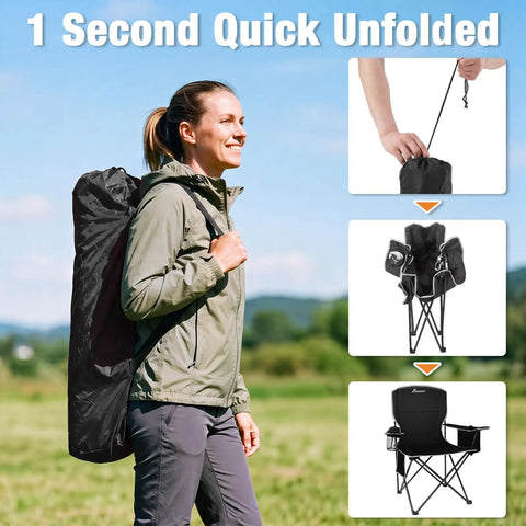 Woman carrying Two Pack Lightweight Folding Camping Chairs For Adults with 4 Can Cooler Bag Cup Holder and Carry Bag for Tailgating Beach Fishing Or Outdoor Hangouts Black