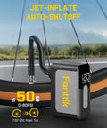 Pocket Size Electric Bike Pump With Gauge 120 PSI Auto Stop inflating a road bike tire showing digital pressure display