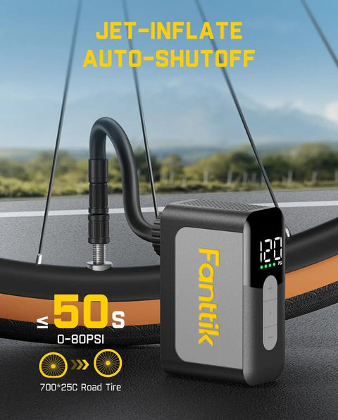 Pocket Size Electric Bike Pump With Gauge 120 PSI Auto Stop inflating a road bike tire showing digital pressure display