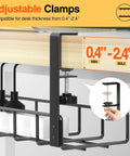 Under Desk Cable Management Tray No Drill Clamp System 1 Pack Black attached to desk edge showing adjustable clamp range.