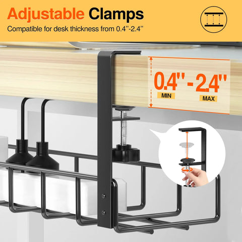 Under Desk Cable Management Tray No Drill Clamp System 1 Pack Black attached to desk edge showing adjustable clamp range.