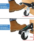 Heavy Duty Workbench Caster Kit Set Of Four Featuring Retractable Step Down Wheels in use, showing fixed and mobile states.