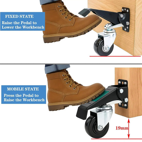 Heavy Duty Workbench Caster Kit Set Of Four Featuring Retractable Step Down Wheels in use, showing fixed and mobile states.
