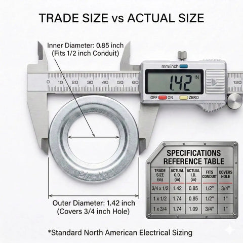 60 Piece Rigid Conduit Reducing Washer Kit Three Quarters To Half Inch One Inch To Three Quarters Inch And One Inch To Half Inch Zinc Plated Steel Knockout Reducers For Electrical Outlet Boxes Must Have Pro Grade Electrical Hardware with caliper showing dimensions