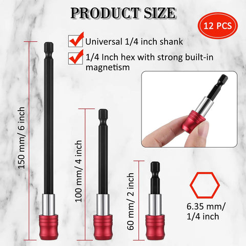 Pro Grade Magnetic Drill Bit Extension Set With One Quarter Inch Hex Shank Quick Release Screwdriver Extender sizes shown