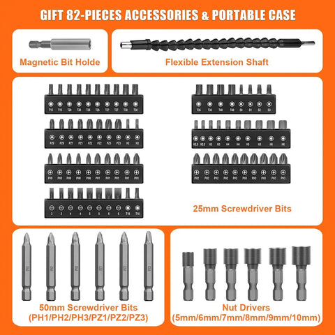 Cordless Screwdriver Kit With 8V Max Power 10Nm Torque 230 RPM accessory set featuring magnetic bit holder and screwdriver bits