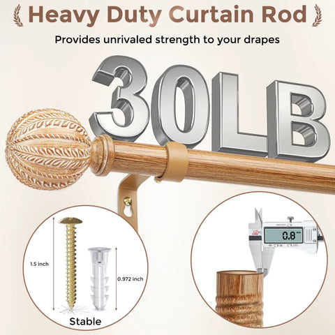 Wood Curtain Rod 1 Inch Diameter Adjustable 30 To 88 Inches Heavy Duty Rustic Farmhouse Drapery Rod With Boho Imitation Wheat Pattern Finials And Hand Painted Wood Grain Finish Light Wood