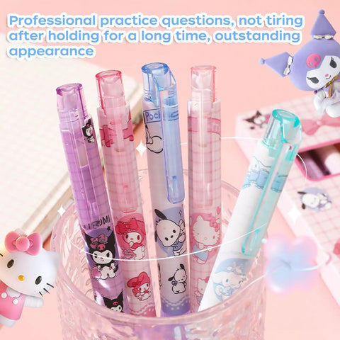 Cartoon Ballpoint Pen 5 Pack With Spring Loaded Tip And Soft Silicone Grip Sleeve in glass holder, featuring cute designs.