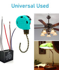 Ceiling Fan Pull Chain Switch Kit With 3 Speed 4 Wire Control Includes CBB61 Capacitor Pack, shown with wiring and fan usage.