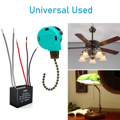 Ceiling Fan Pull Chain Switch Kit With 3 Speed 4 Wire Control Includes CBB61 Capacitor Pack, shown with wiring and fan usage.