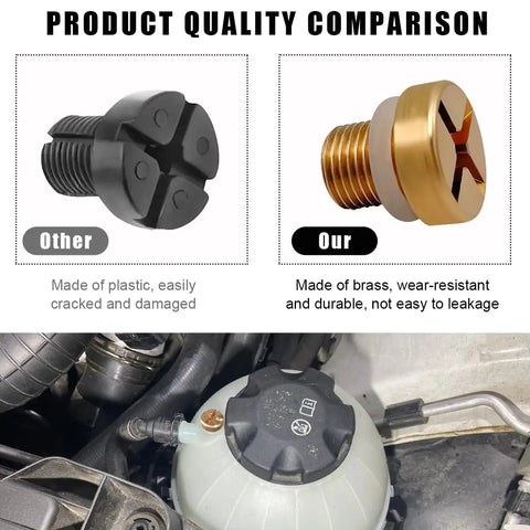 Comparison of Heavy Duty Radiator Coolant Expansion Tank Bleeder Screw With Rubber O Ring; brass vs plastic materials