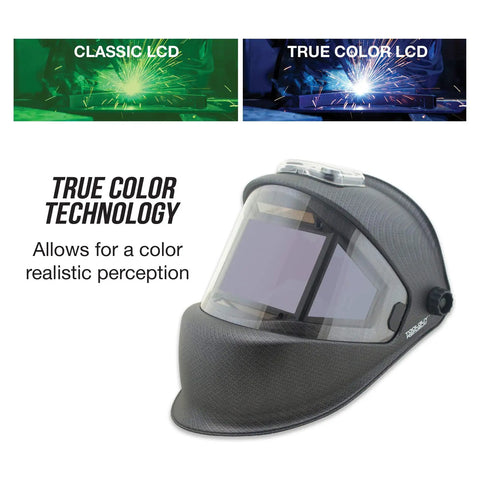 Image of a Panoramic 180 View Auto Darkening Welding Helmet With True Color Matte Carbon Fiber Finish showing true color technology.