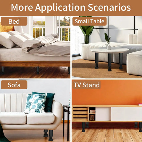 Adjustable Height Metal Furniture Legs Heavy Duty Replacement Feet For Beds Sofas Tables Sets Perfect Clearance shown in multiple applications.
