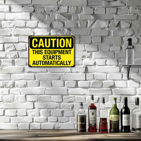Warning Sign This Gear Starts Automatically Vintage Aluminum 8x12 Inch for factory workshop on white brick wall