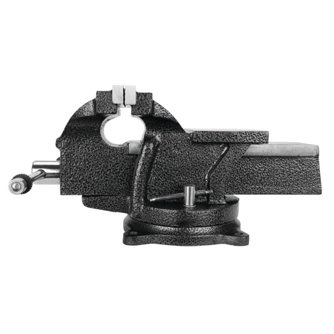 Hammer Tough 8 Inch Bench Vise with powder coated finish, side view showing 360 degree swivel base and 7 inch jaw opening