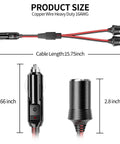 Plug And Play 12V And 24V Cigarette Lighter Splitter With Dual Sockets 1 To 2 Female Socket Port Adapter For Cars showing dimensions and 16AWG cable.