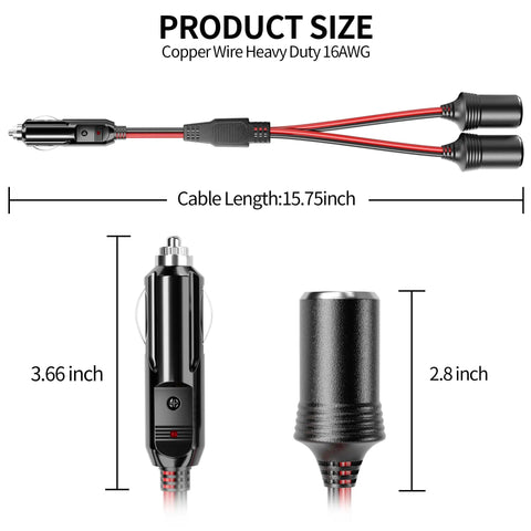 Plug And Play 12V And 24V Cigarette Lighter Splitter With Dual Sockets 1 To 2 Female Socket Port Adapter For Cars showing dimensions and 16AWG cable.