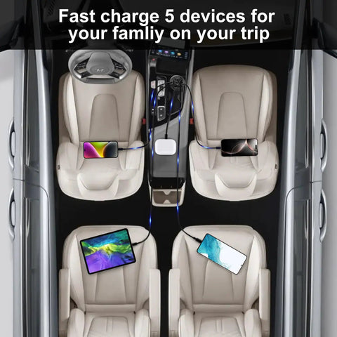 Keep Your Road Trip Vibe Tight With This Solid 5 Port Usb C Car Charger Delivering PD 75W Fast Charge To Power Up Every Gadget While Cruising Down The Interstate. In-car view showing devices charging.