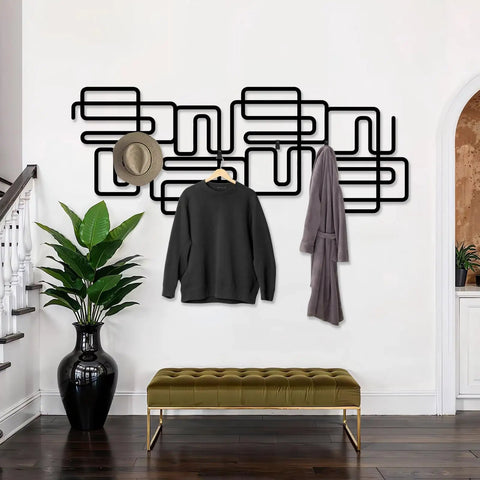 Slick Abstract Line Coat Rack Wall Mount With Integrated Key Holder Mid Century Modern Entryway Hooks For Jackets And Bags Fresh Black Metal Home Accent Vibe Solid Wall Storage Setup For Quick Daily Grabs with jacket and hat.