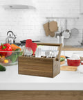 Acacia Wood Silverware Caddy With Handle, Multi Purpose Utensil Organizer For Kitchen, Four Large Compartments, on Countertop
