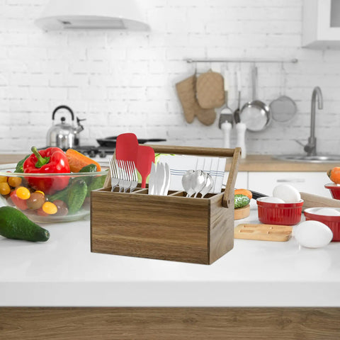 Acacia Wood Silverware Caddy With Handle, Multi Purpose Utensil Organizer For Kitchen, Four Large Compartments, on Countertop