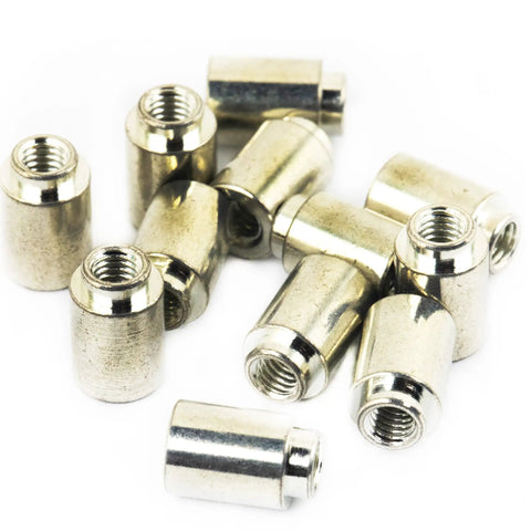 30 Piece Set Of M3 X 7mm SMT Solderable Standoff Nuts For PCB Electronics Assembly Tin Plated threaded spacers in close-up view.