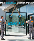 SEESII Heavy Duty Suction Cups For Glass And Tile Lifting Rated At 550 Pounds With Pressure Gauge To Move Large Panels Safely Reduce Back Strain For Home Renovation Projects And Easy One Person Operation, lifting a glass panel with suction cups.