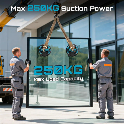 SEESII Heavy Duty Suction Cups For Glass And Tile Lifting Rated At 550 Pounds With Pressure Gauge To Move Large Panels Safely Reduce Back Strain For Home Renovation Projects And Easy One Person Operation, lifting a glass panel with suction cups.