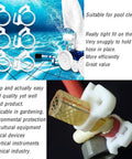 Heavy Duty Nylon Hose Clamps Set With Double Snap Grip And Ratcheting Adjustment 50 Pack Includes One Quarter Inch Five Sixteenth Inch One Half Inch Five Eighth Inch And One Inch Sizes For Secure Fastening Reusable And Easy To Install, shown with pool cleaning equipment and installed on a garden hose.