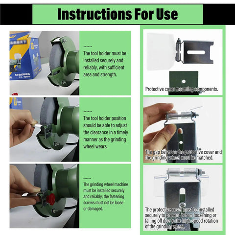Instructions for use featuring Premium Heavy Duty Dual Wheel Bench Grinder detailing secure tool holder installation and adjustment.