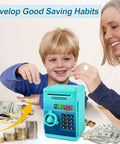 Child using Electronic Piggy Bank With Password Lock for Kids ATM Style Money Saver Box for Ages 3 to 12, blue green color