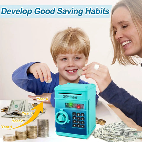 Child using Electronic Piggy Bank With Password Lock for Kids ATM Style Money Saver Box for Ages 3 to 12, blue green color