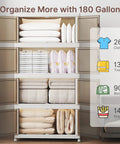 Ultra Large 720 Quart Stackable Storage Bins With Lids And Wheels Four Tier Closet Organizers For Bedroom Dorm Office Garage Extra Large Collapsible Plastic Drawers With Doors Durable Storage Cabinet System with clothes, towels, and snacks organized inside.