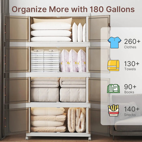 Ultra Large 720 Quart Stackable Storage Bins With Lids And Wheels Four Tier Closet Organizers For Bedroom Dorm Office Garage Extra Large Collapsible Plastic Drawers With Doors Durable Storage Cabinet System with clothes, towels, and snacks organized inside.