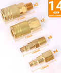 Brass Quick Connect Hose Fittings Set For Air Compressors, 14 Piece Copper Plated One Quarter Inch Quick Connects, 4 sizes displayed