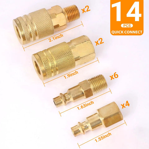 Brass Quick Connect Hose Fittings Set For Air Compressors, 14 Piece Copper Plated One Quarter Inch Quick Connects, 4 sizes displayed