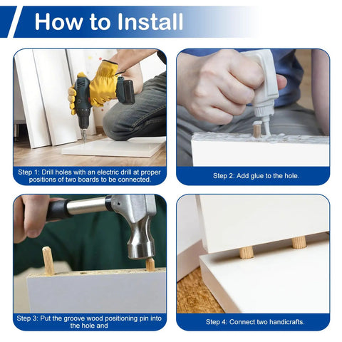 Installation steps for Nine Sizes 230 Piece Wood Dowel Kit With Fluted Twill Grooved Dowel Pins for DIY projects and furniture assembly.