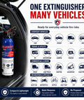 Portable fire extinguisher in car trunk illustrating use for various vehicles including cars, motorcycles, RVs, and boats.