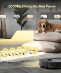 Robot Vacuum And Mop All In One Combo With Beastly 6000Pa Suction cleaning pet hair near dog on cushions
