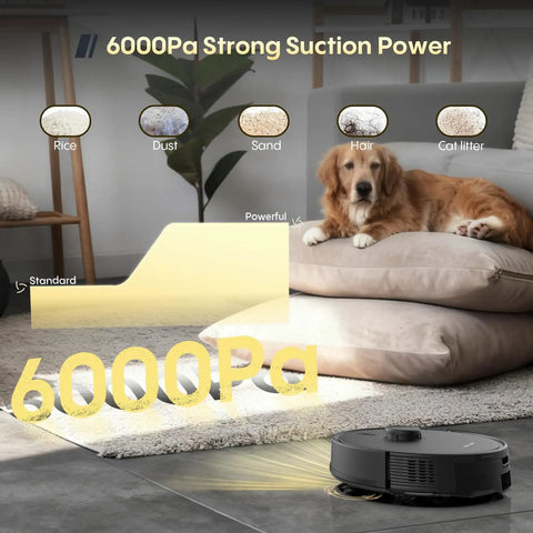 Robot Vacuum And Mop All In One Combo With Beastly 6000Pa Suction cleaning pet hair near dog on cushions