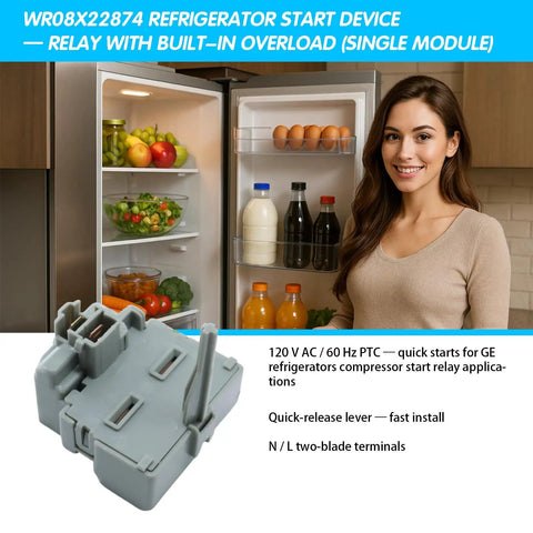 Drop In Refrigerator Relay And Overload Start Kit For GE Hotpoint RCA Kenmore Fridges in front of open fridge